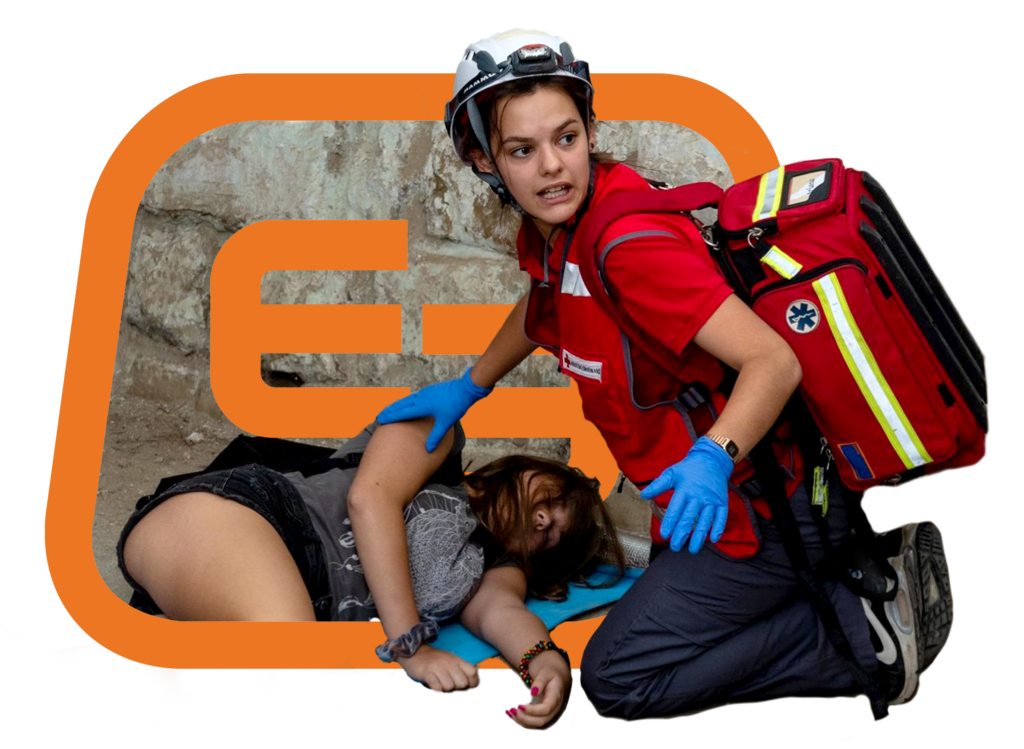 a cut out of lady paramedic with an Elite Bag Robust bag attending to a patient who is lying on the ground