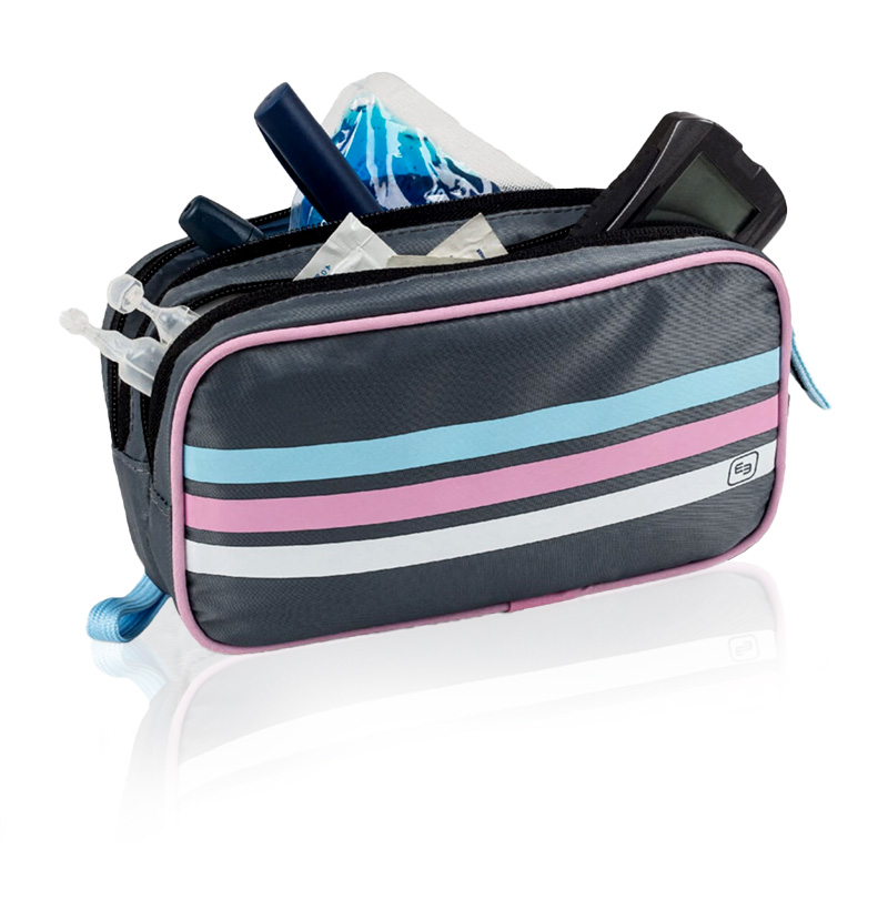 Elite Bags Dias pouch grey pink white with open zipper and diabetes equipment showing side angle